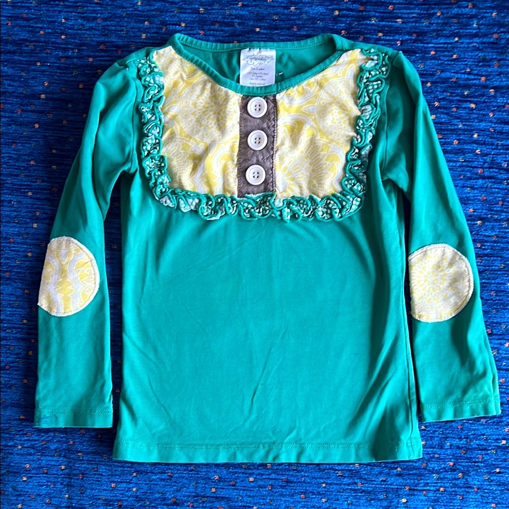 Persnickety Green and Yellow Long Sleeve Tee with Ruffled Panel
